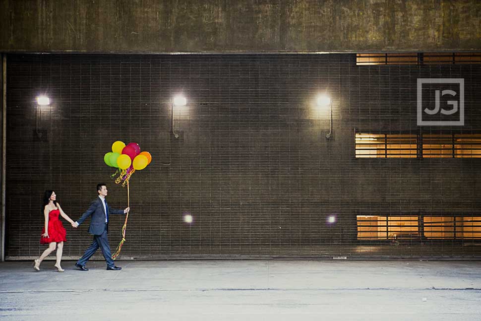 Downtown LA Engagement Photo with balloons