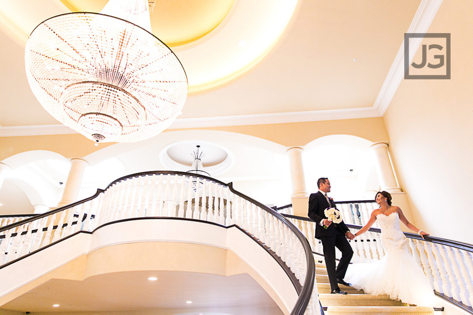 Wedding photo with the mansion chandelier