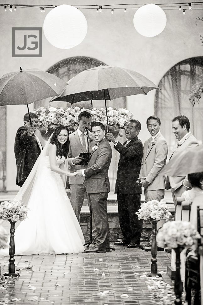 Wedding rain in San Juan Capistrano