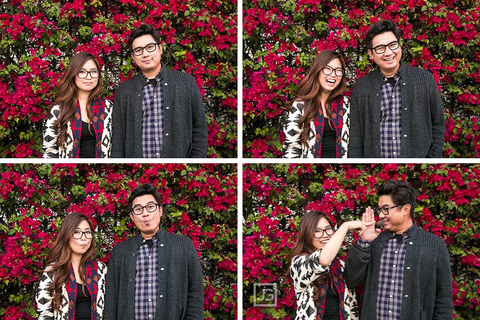 Silly Engagement Photos with Red Flowers