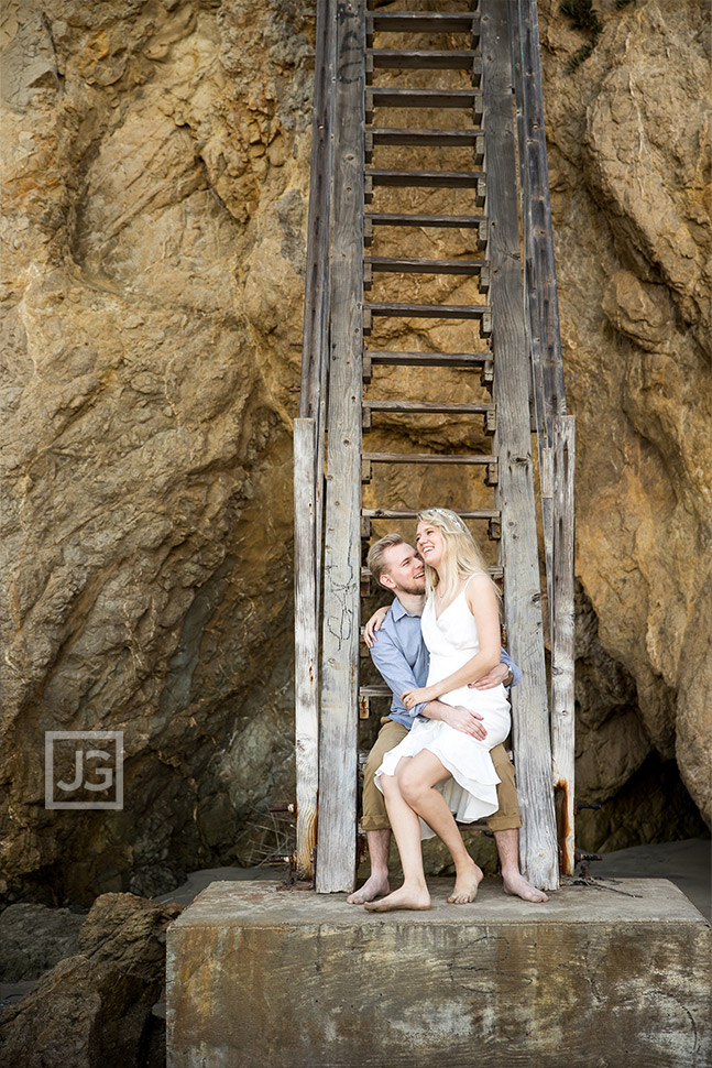 Engagement Photo at Beach with Wooden Stairs