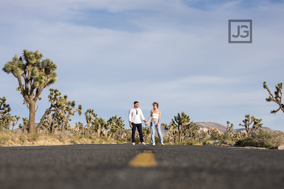 Joshua Tree engagement photo on road