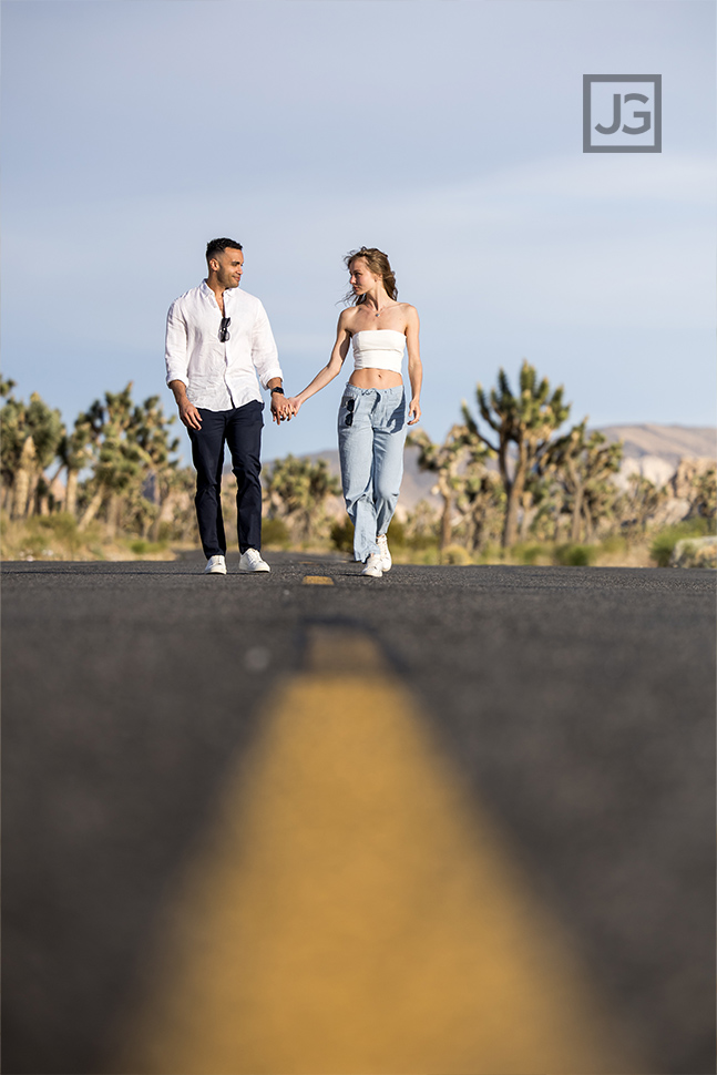Desert road engagement photo
