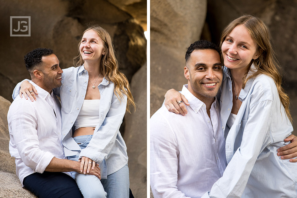 Cute couple sitting by rocks