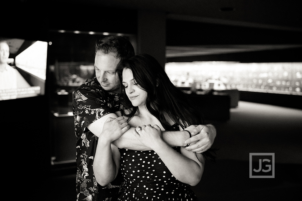B&W Engagement Photo in a Museum