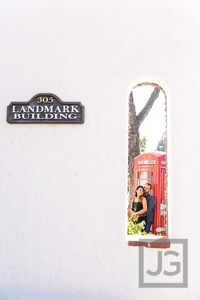 downtown Laguna Beach engagement photo, red phone booth